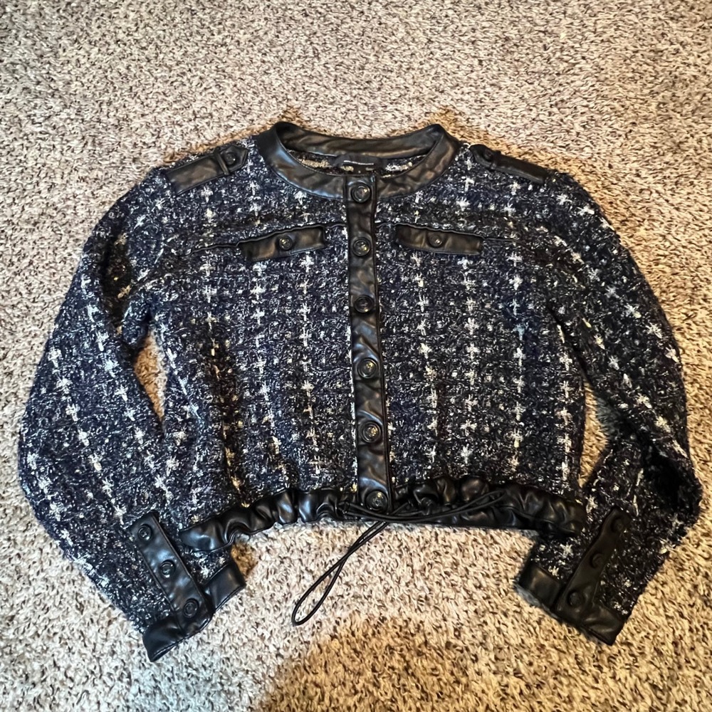 White House Black Market Navy Tweed Cropped Jacket Faux Leather Trim Small‎